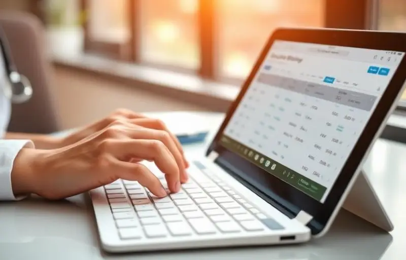 Close-up of a doctor's hands typing on a laptop keyboard while reviewing medical billing data and patient records.