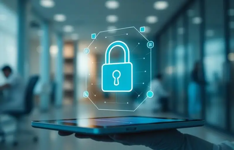 Hand holding a tablet displaying a digital padlock icon with network connections, representing cybersecurity and data protection in a modern office environment.