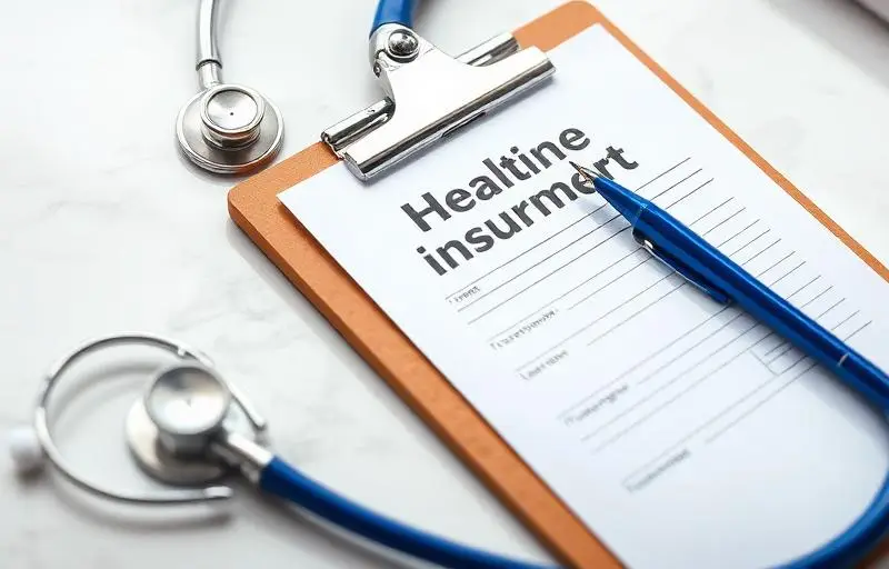 Clipboard with a health insurance form and pen, surrounded by stethoscopes on a white desk, symbolizing medical coverage and healthcare planning.