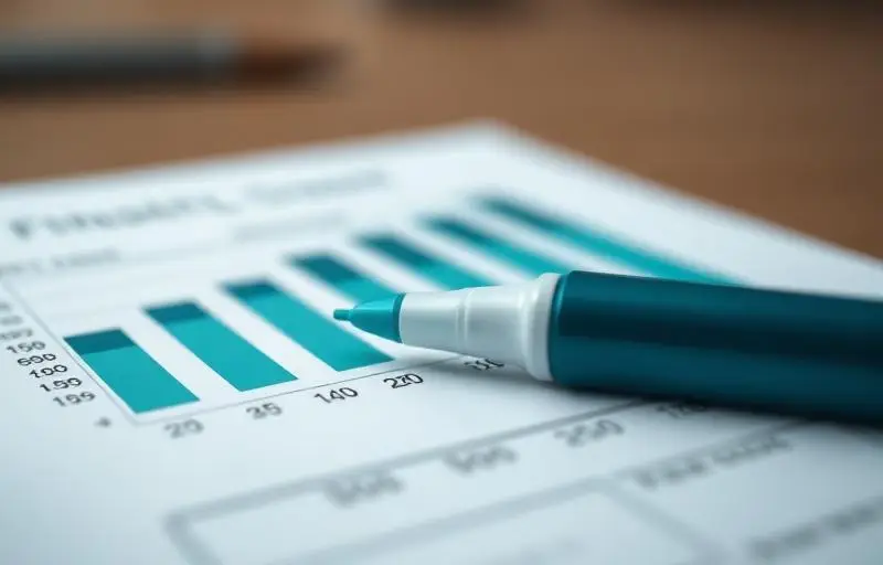 Close-up of a teal marker resting on a printed bar chart showing financial growth and data analysis.
